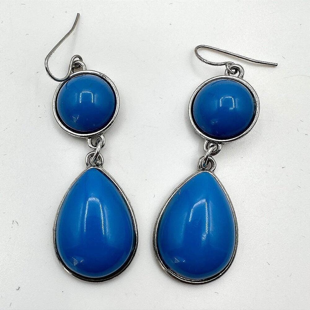 Vintage 90s Blue Glass Teardrop Dangle Earrings Silver Tone Fashion Jewelry
